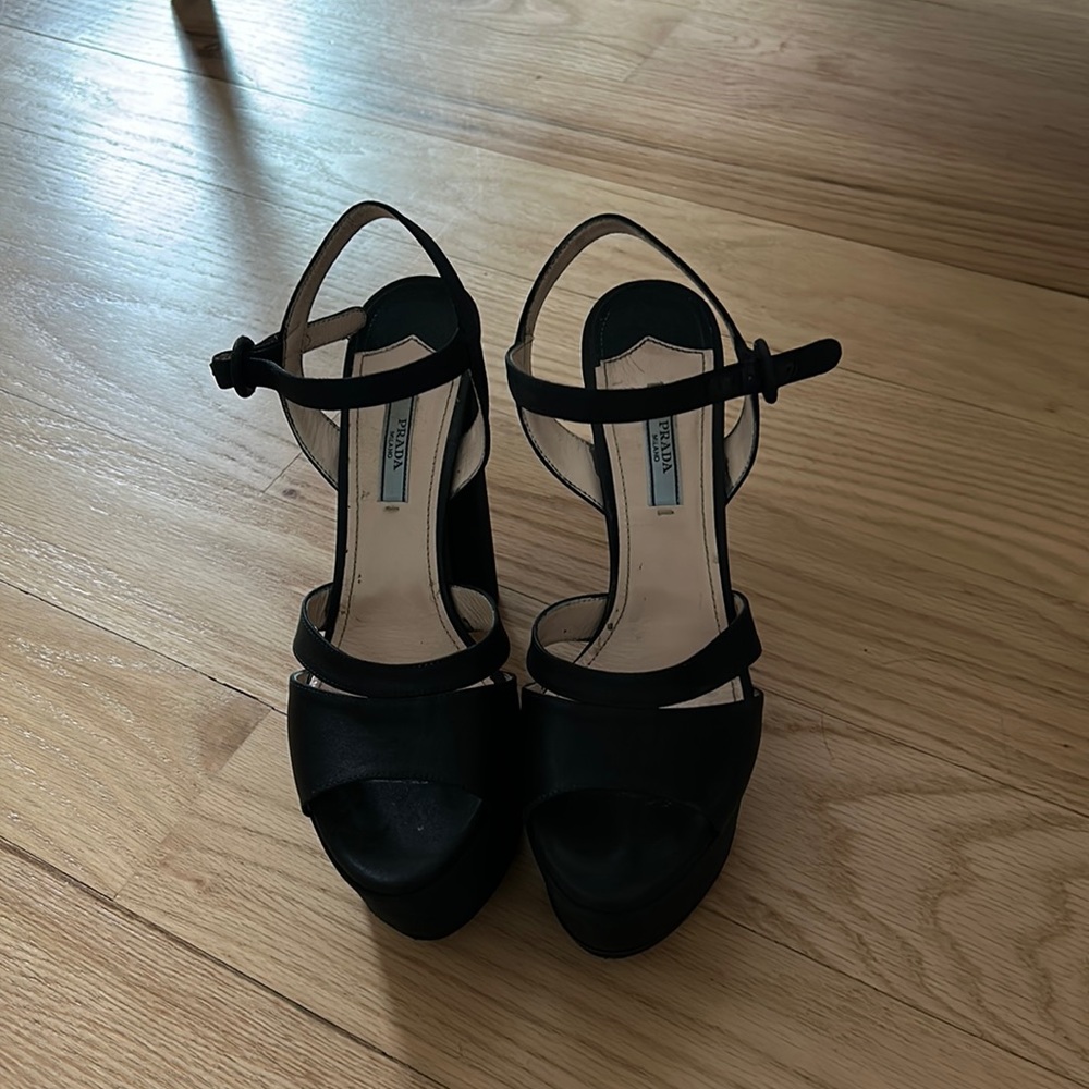 Prada black open toe satin pump heels